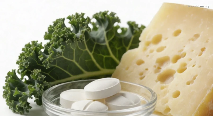 White calcium tablets in a glass dish beside a wedge of cheese and a sprig of kale.