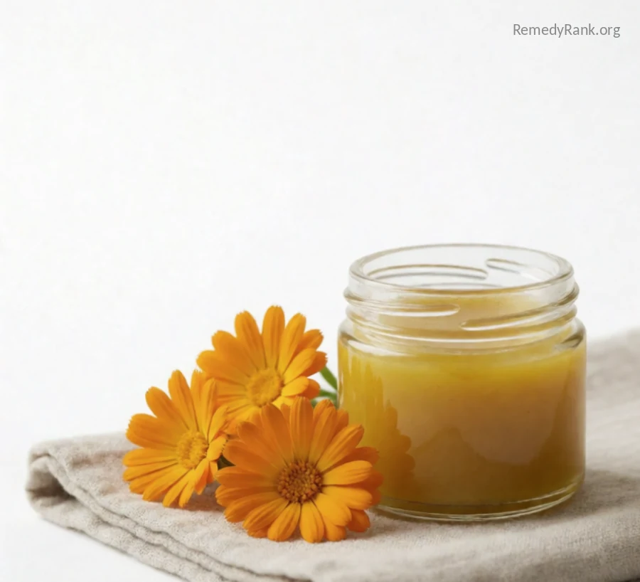 A glass jar of golden calendula salve next to a few bright orange marigold blossoms.