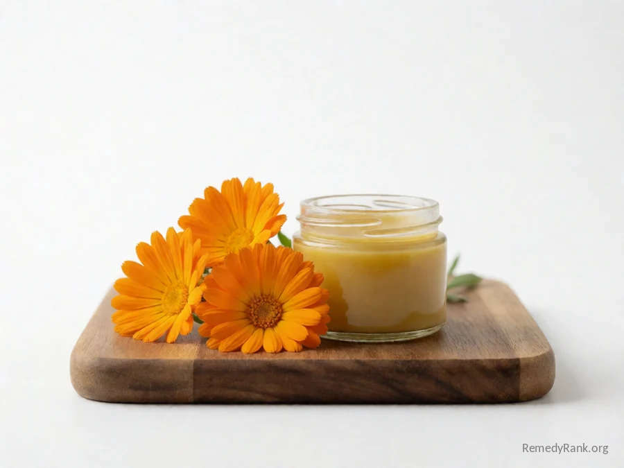 Bright orange calendula flowers beside a small jar of calendula salve.