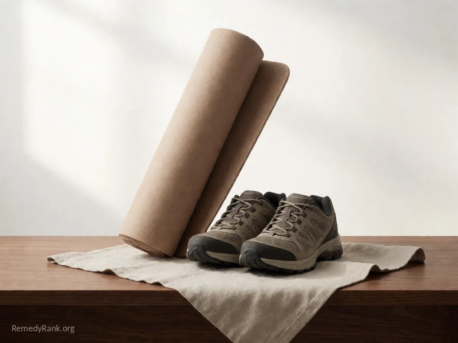 A rolled exercise mat leaning against a wall next to walking shoes.