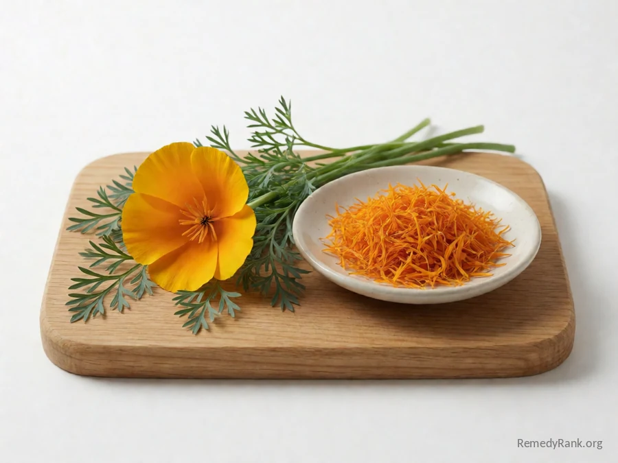 A fresh golden California poppy beside a dish of dried California poppy petals.