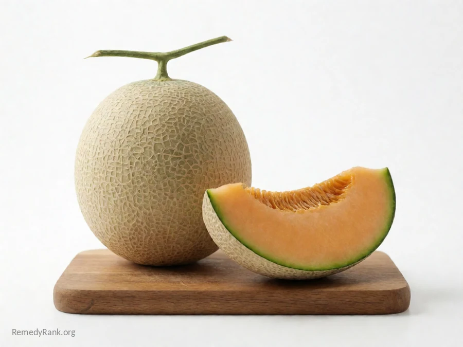A whole cantaloupe beside a cut wedge showing its orange flesh.