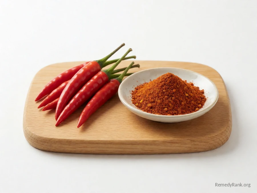 Fresh red chili peppers beside a dish of dried ground chili powder.