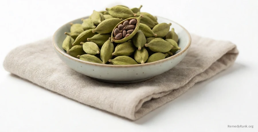 Small green cardamom pods, one cracked open, in a ceramic bowl.