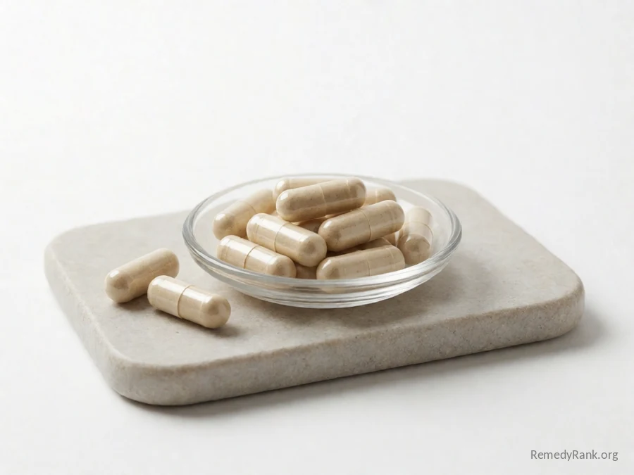 Off-white oblong capsules beside a small cut of raw beef.
