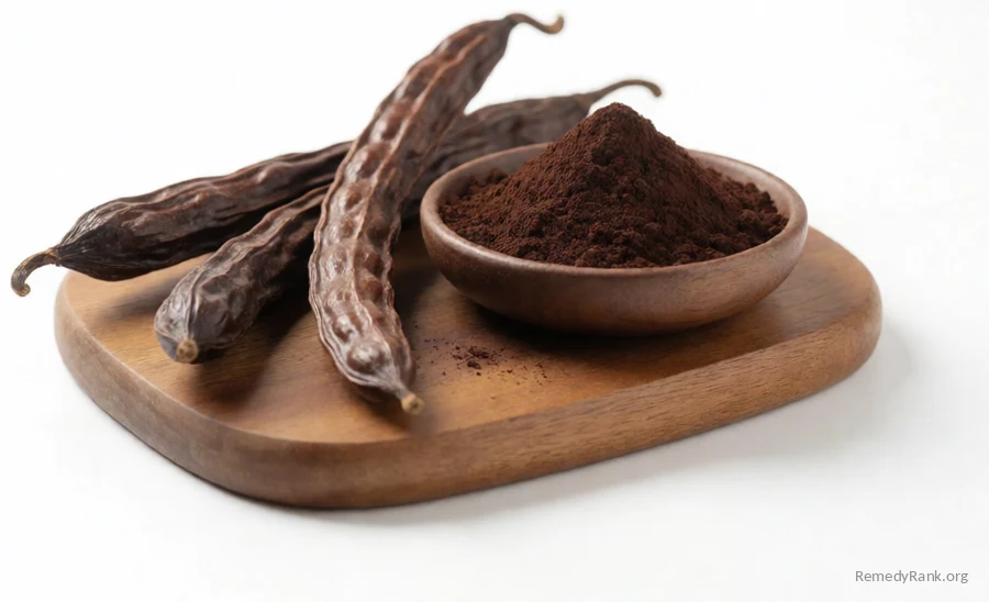 Long brown carob pods beside a bowl of dark carob powder.