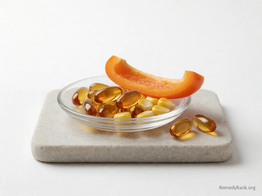 Orange-yellow softgel capsules beside corn kernels and a strip of orange bell pepper.