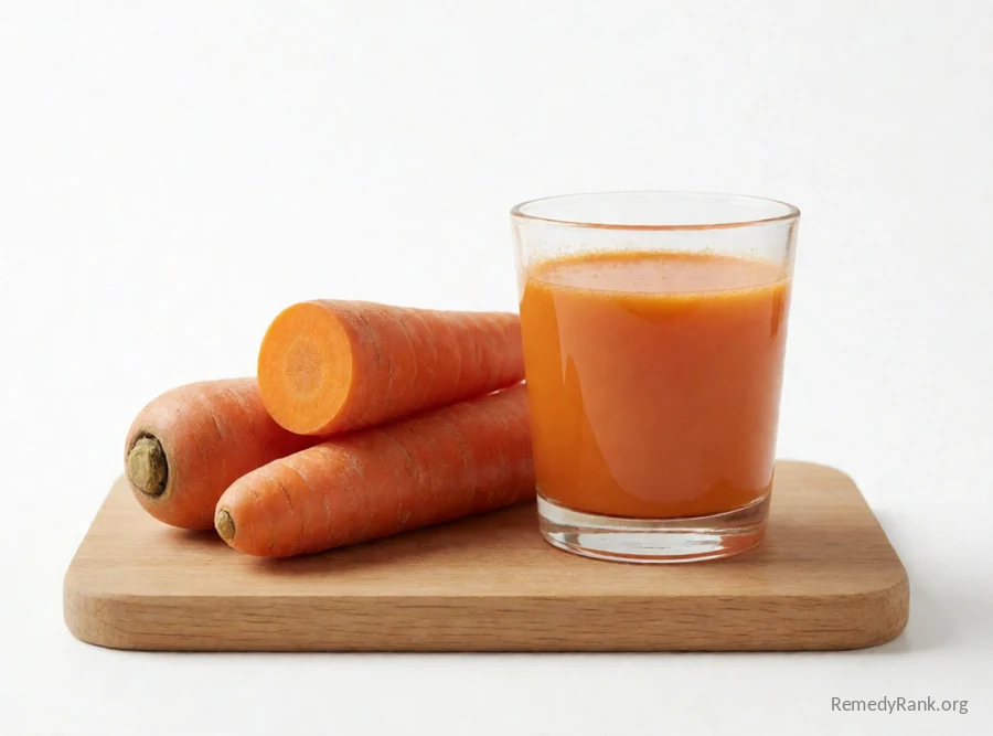 Whole and halved carrots beside a glass of fresh carrot juice.
