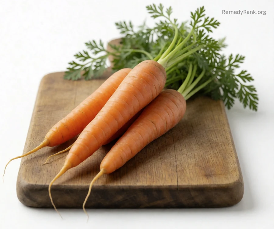 A few fresh whole orange carrots with leafy green tops on a rustic wooden cutting board.