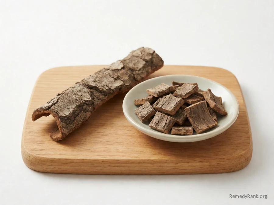 A strip of cascara sagrada bark beside a dish of dried cut bark.