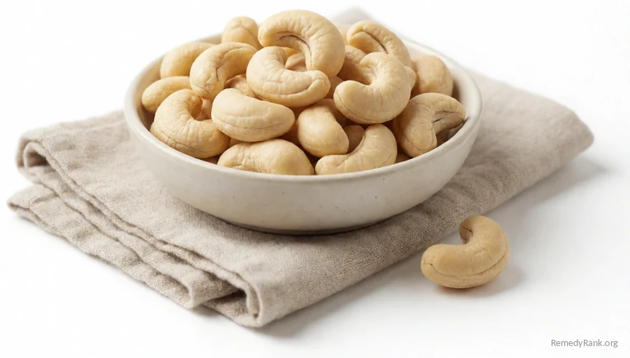 A handful of creamy, kidney-shaped raw cashews.
