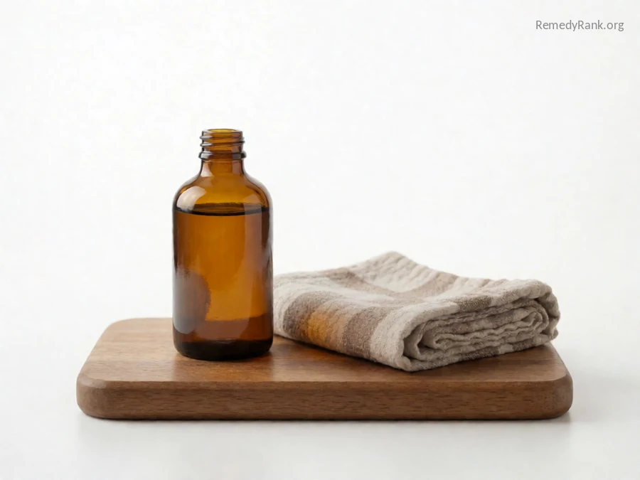 An amber bottle of castor oil beside a folded flannel square.