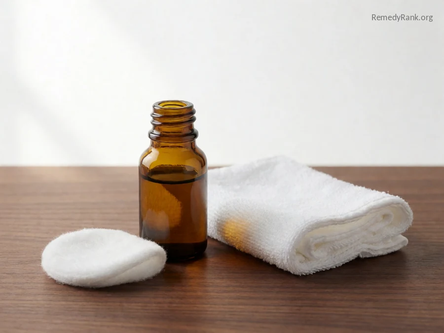 A small amber glass bottle of thick oil next to a folded cotton pad.