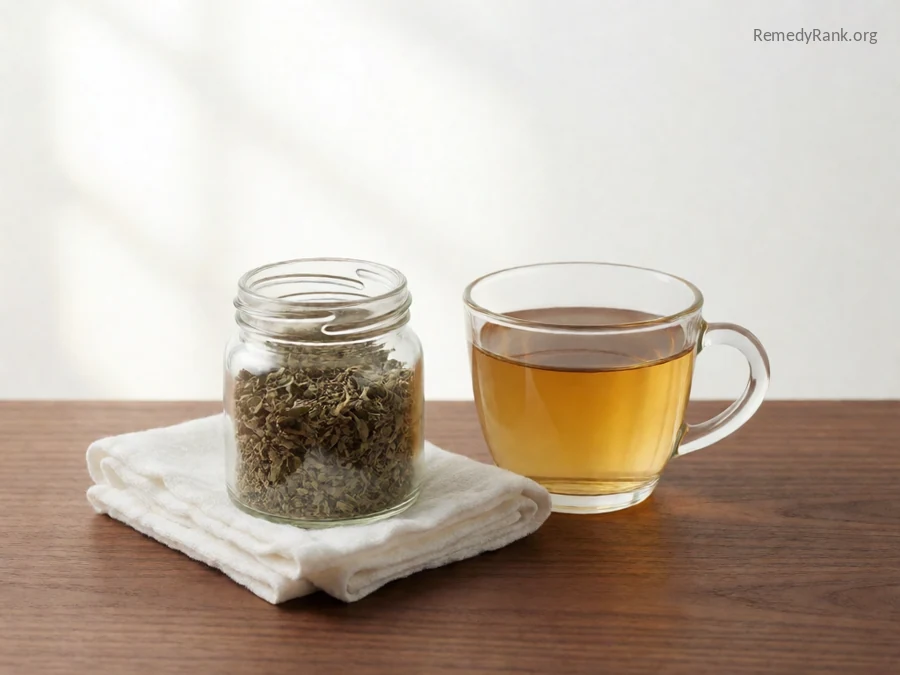 A small glass jar of dried catnip leaves next to a warm cup of tea.