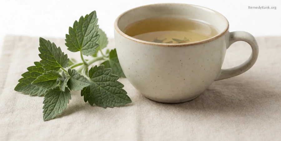 A sprig of gray-green catnip leaves beside a cup of pale tea.