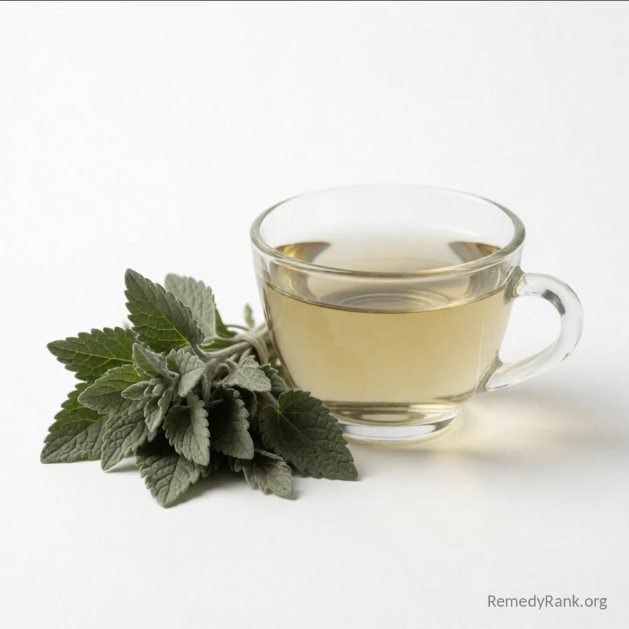 A bundle of grey-green heart-shaped catnip leaves rests beside a glass cup of pale herbal tea.