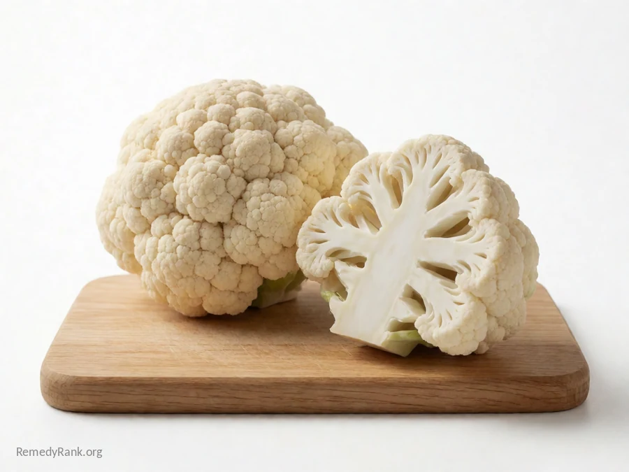 A whole cauliflower beside a cut section showing its white florets.