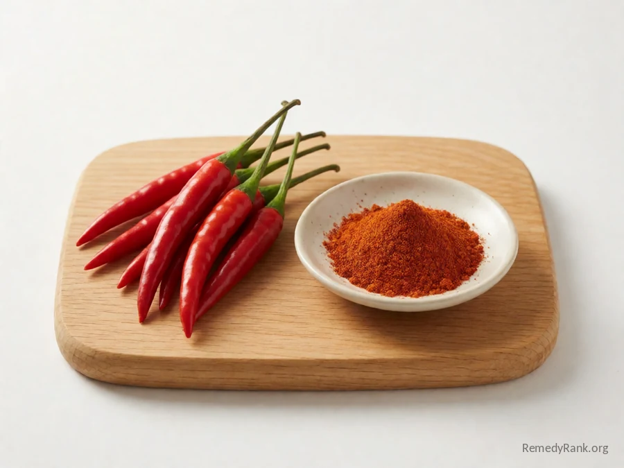Fresh red cayenne peppers beside a dish of red cayenne pepper powder.