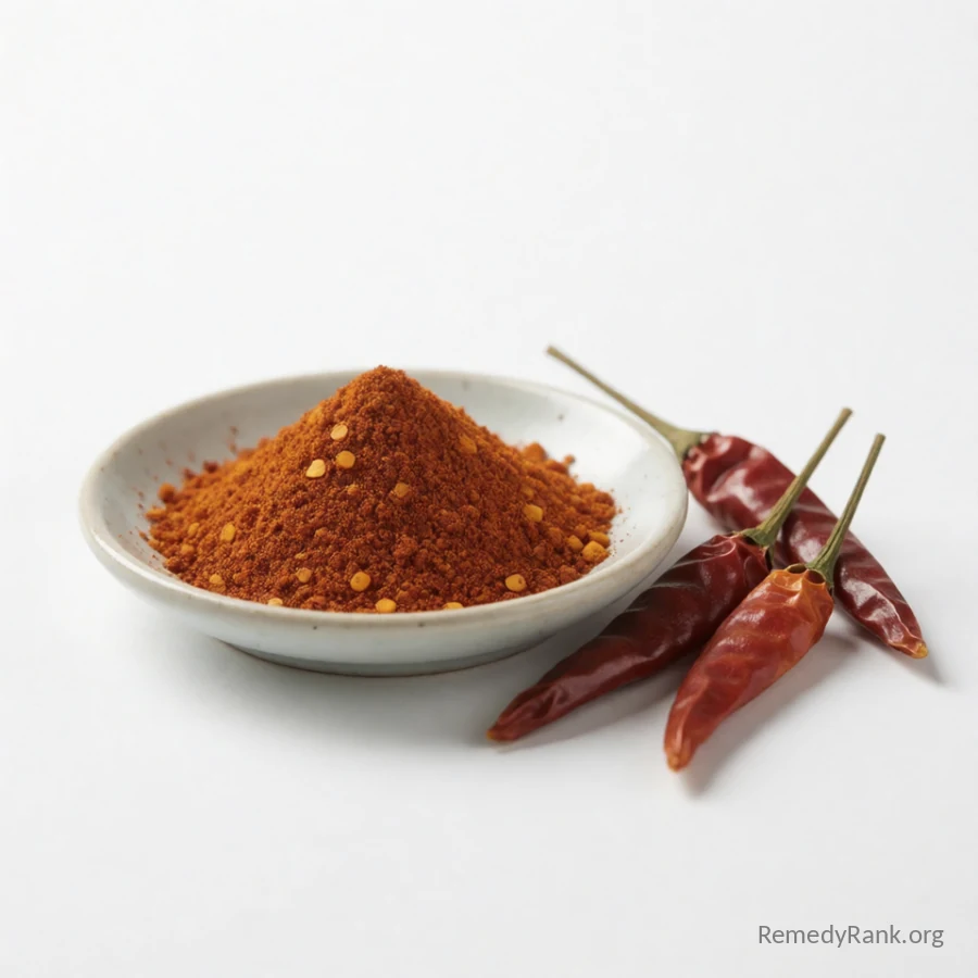 A dish of fine red cayenne pepper powder next to a few dried whole red chili peppers.