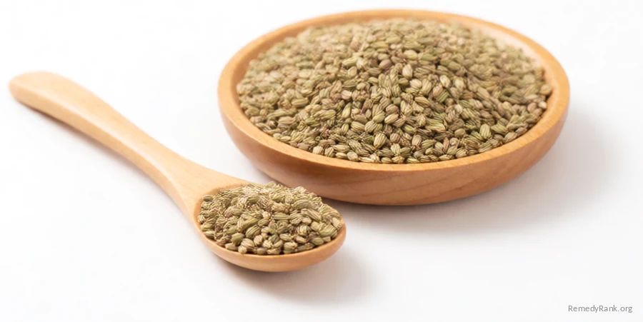 A wooden spoon of tiny peppery celery seeds beside a shallow dish of the seeds.