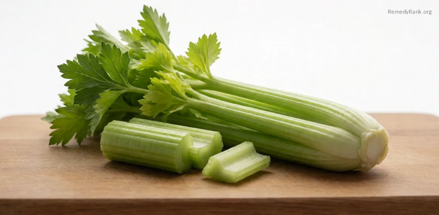 Crisp green celery stalks, one cut into pieces, on a wooden board.