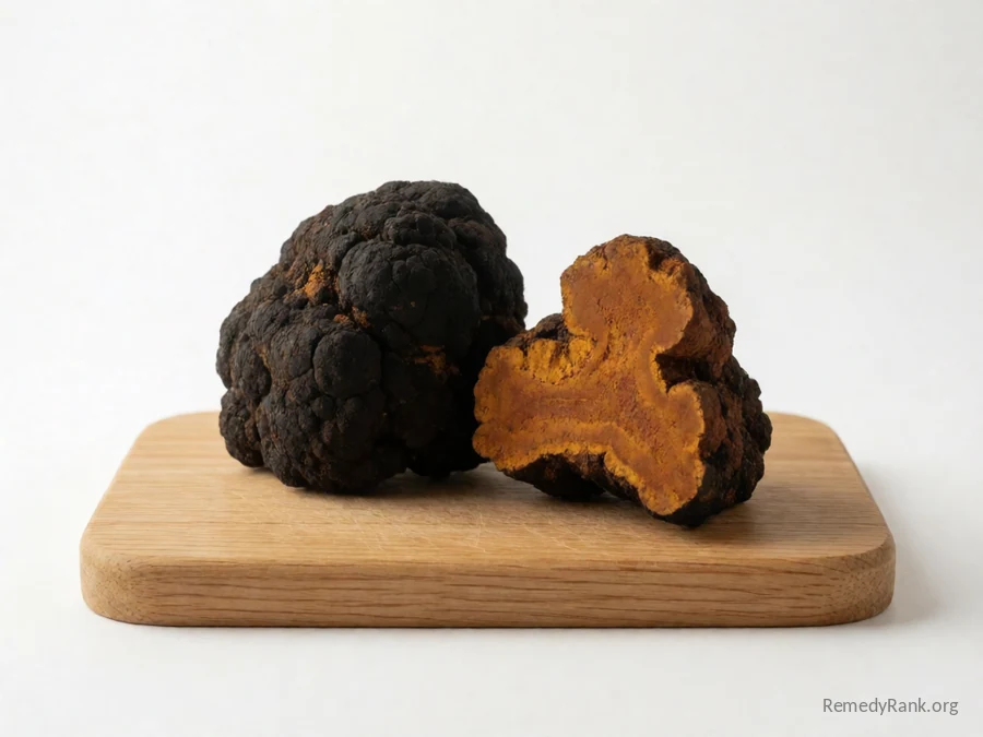 A whole chaga mushroom chunk beside a piece broken to show its orange-brown interior.