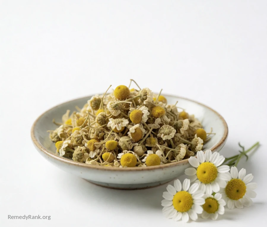 Dried chamomile flowers in a dish beside fresh chamomile blossoms.