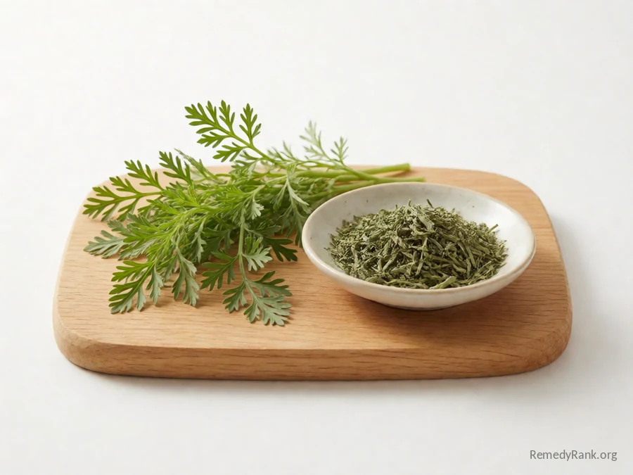 Fresh chanca piedra leaves beside a dish of dried chanca piedra.