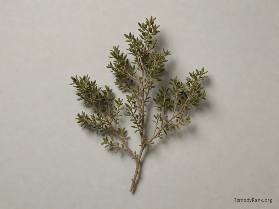 A sprig of chaparral creosote bush with small resinous olive-green leaves, photographed plainly on a neutral grey background.