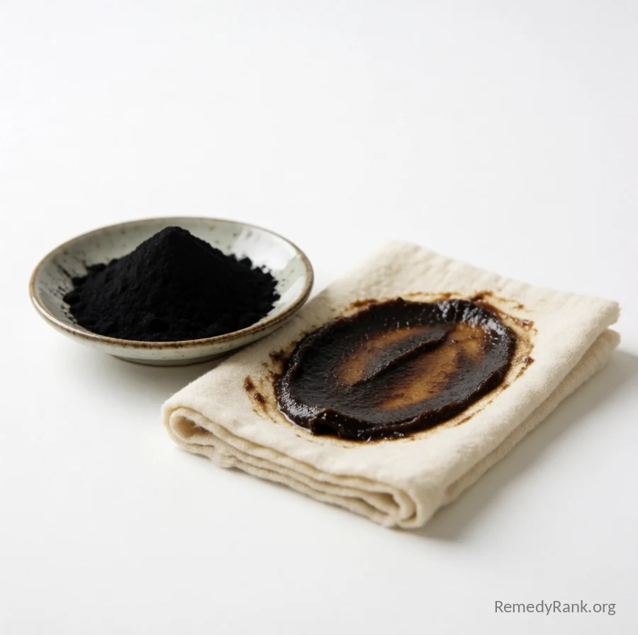 A dish of black charcoal powder sits beside a folded cloth spread with a thick dark charcoal paste.