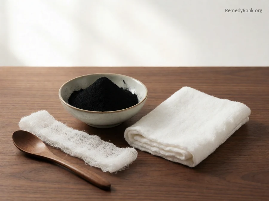 A small bowl of black charcoal powder with cotton gauze and a spoon.