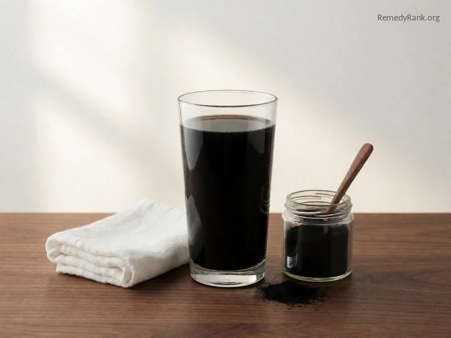 A tall glass of black charcoal water beside a jar of charcoal powder and a spoon.
