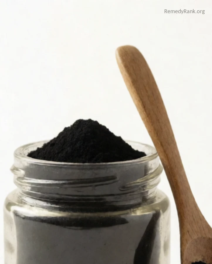 A glass jar of black activated charcoal powder with a wooden spoon beside it.