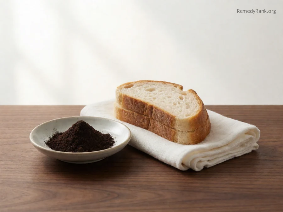 A small dish of dark charred powder next to a folded slice of bread.