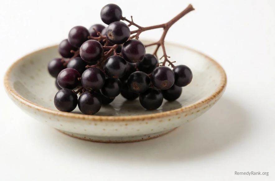 A cluster of small dark purple chasteberries on a stem in a ceramic dish.