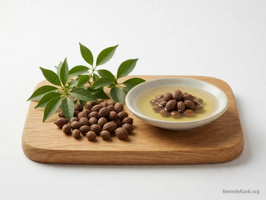Whole chaulmoogra seeds beside a dish of pale yellow chaulmoogra oil.