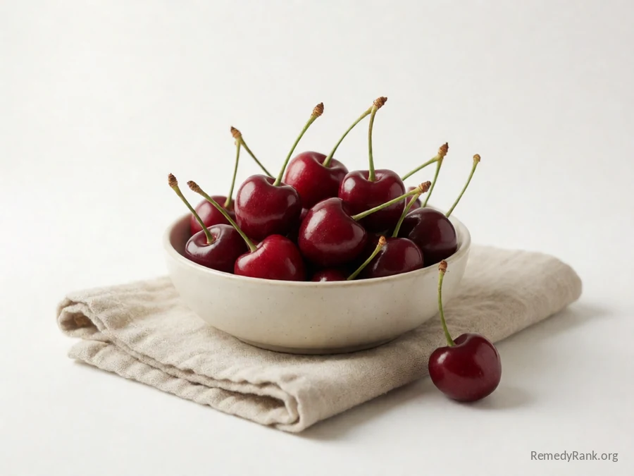 A handful of deep red cherries with their stems.