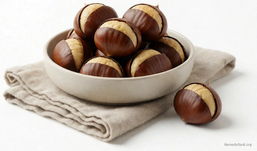 Roasted chestnuts with split reddish-brown shells.