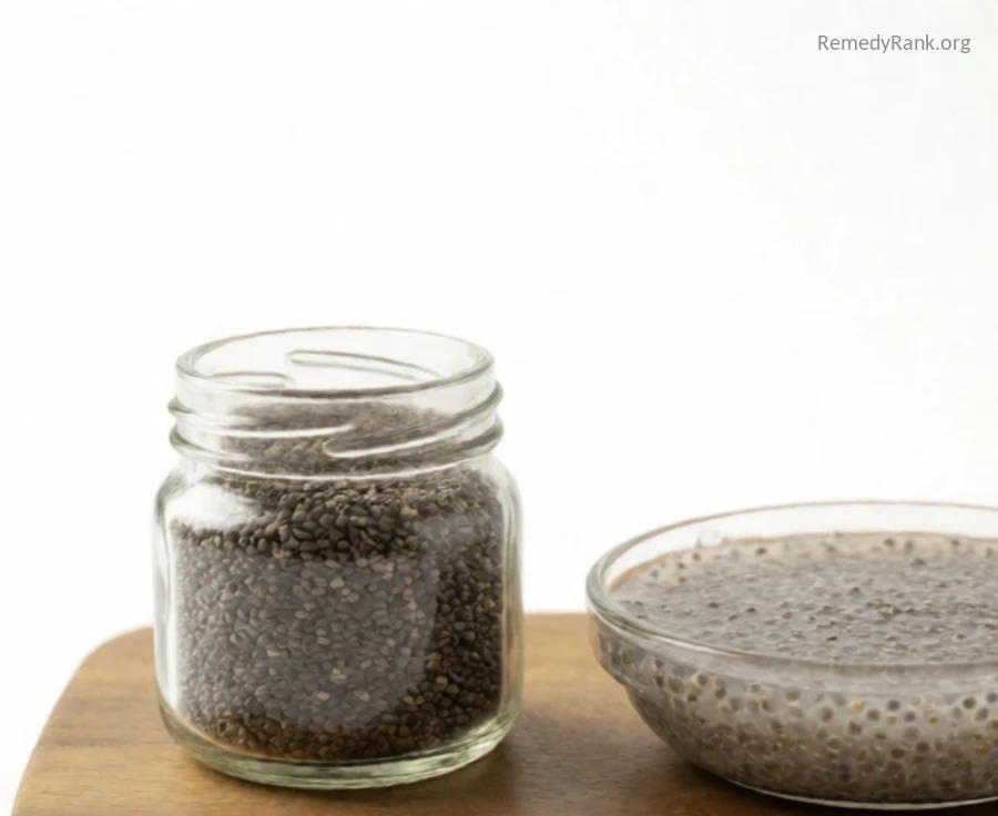 A jar of dry chia seeds beside a dish of soaked chia seed gel.