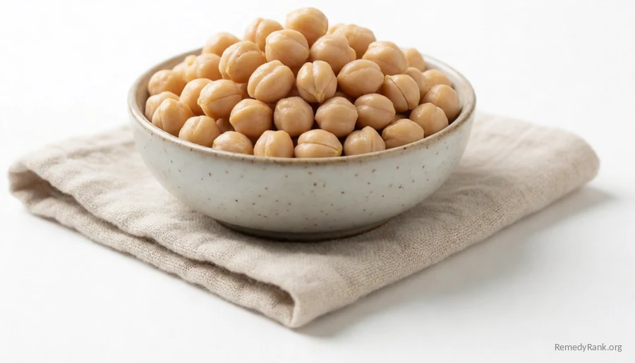 A ceramic bowl of creamy round dried chickpeas on a linen cloth.
