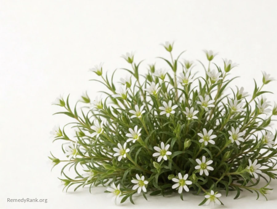 A small cluster of chickweed with tiny white star-shaped flowers and fine green leaves rests on a linen cloth.