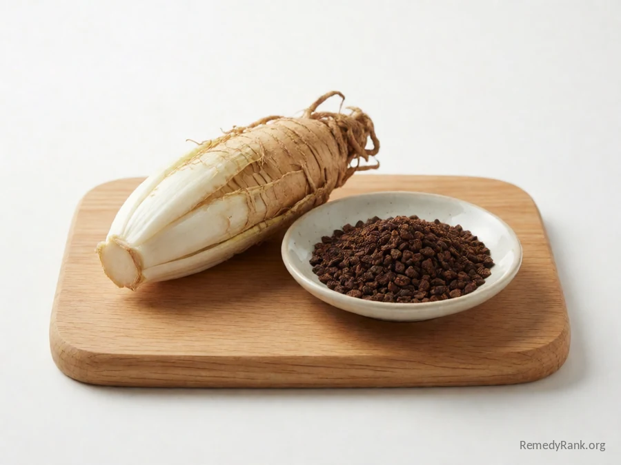 A chicory root beside a dish of dark roasted chicory granules.