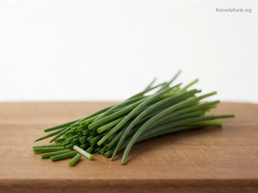Fresh green chive stalks, some snipped into pieces, on a wooden board.