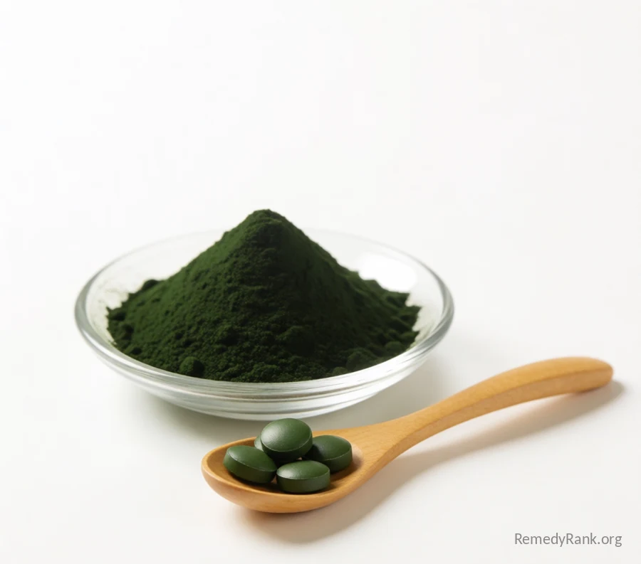 A small glass dish of dark green chlorella powder beside a wooden spoon holding green tablets.