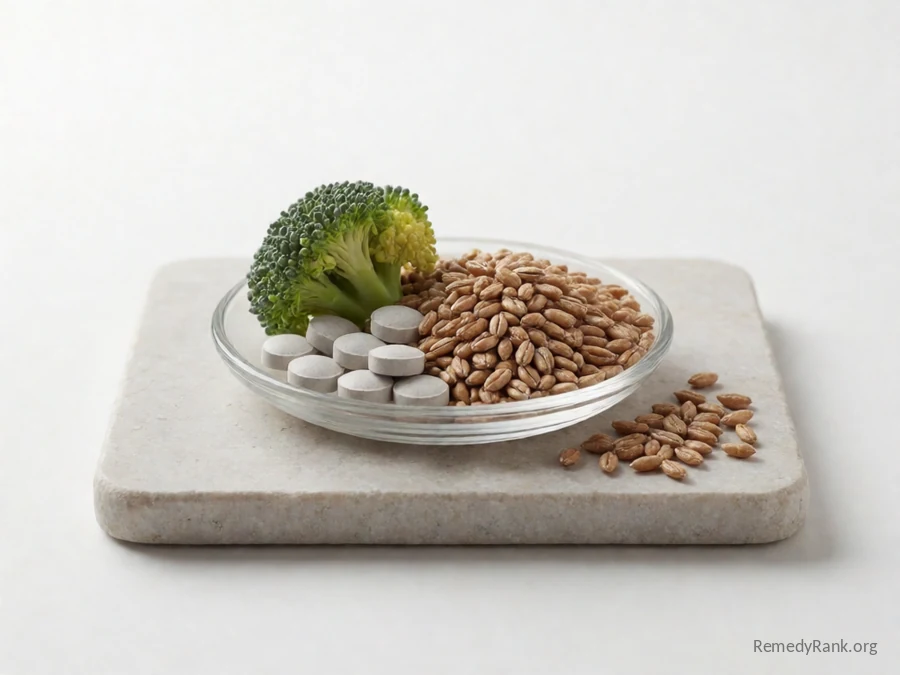 Small grey-white tablets beside a broccoli floret and whole wheat grains.