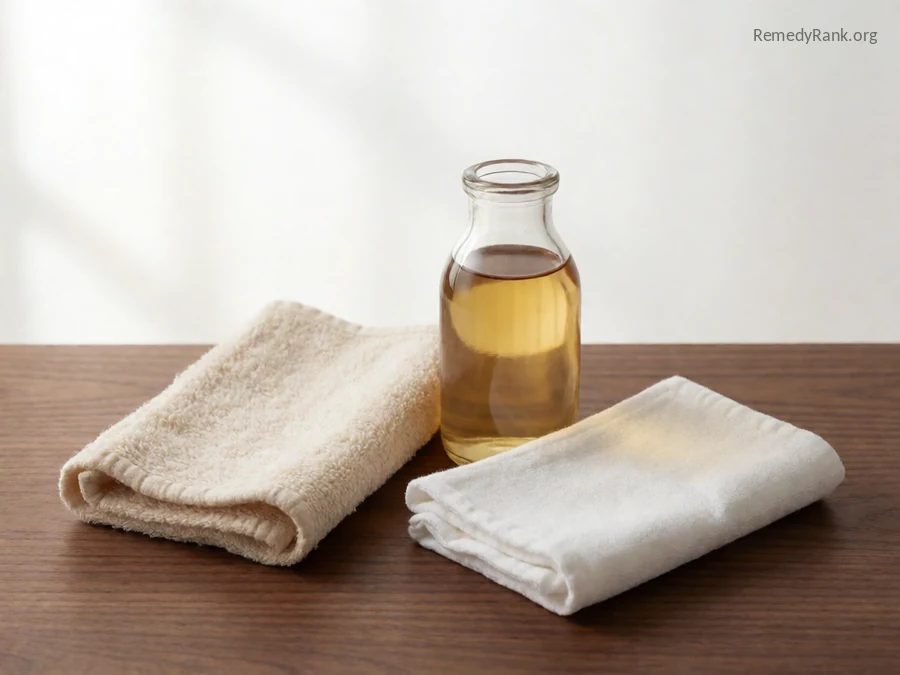 A warm vinegar-soaked cloth next to a small bottle of cider vinegar.