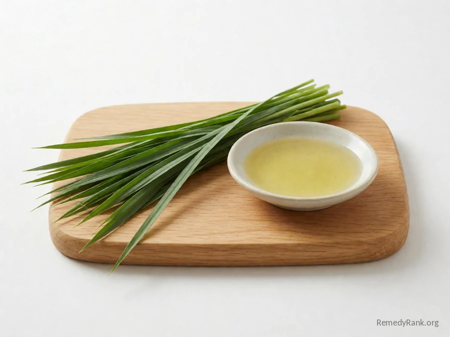 Fresh citronella grass beside a dish of pale yellow citronella oil.