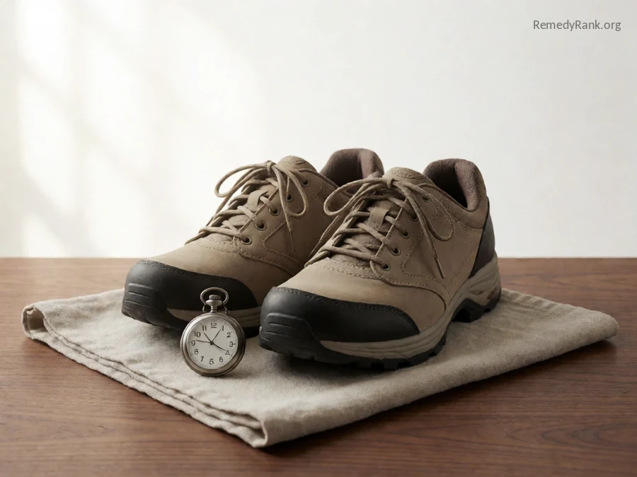 A pair of walking shoes next to a small pocket watch.