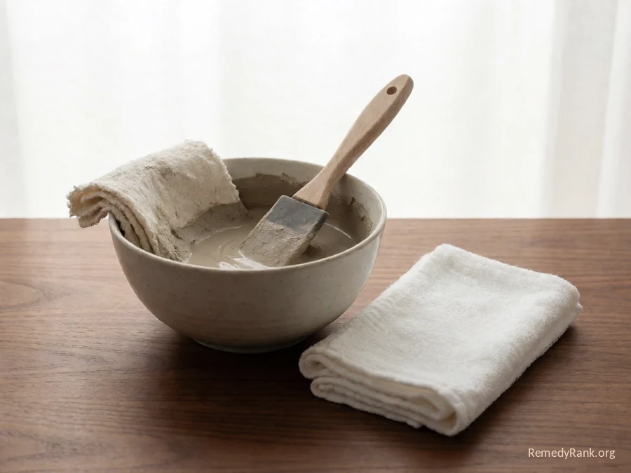 A bowl of wet gray clay beside a spatula and a folded cloth.