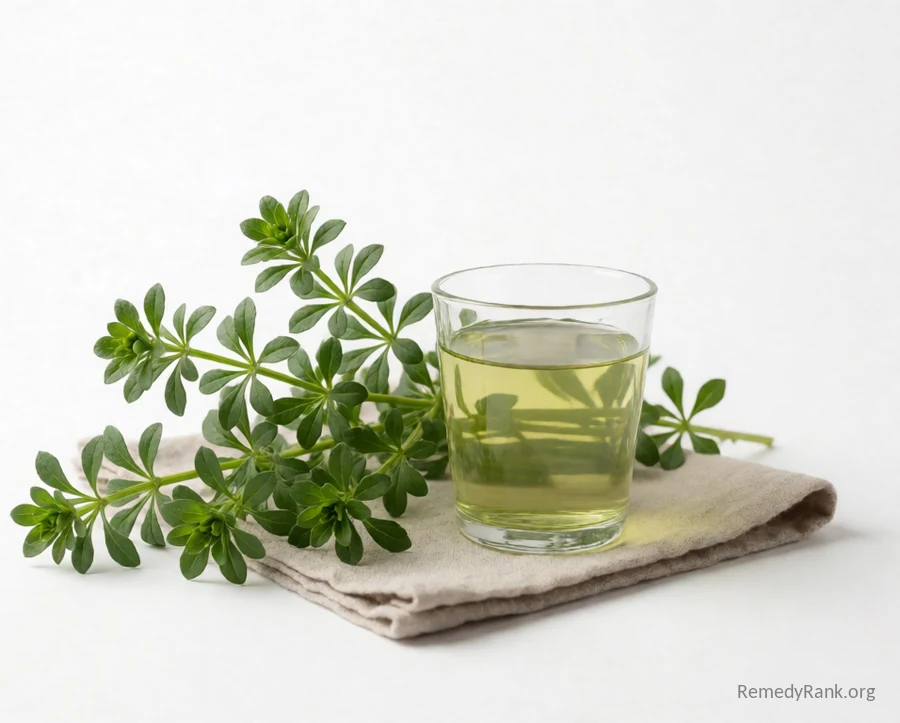 A sprig of cleavers with whorled leaves beside a glass of pale green infusion.